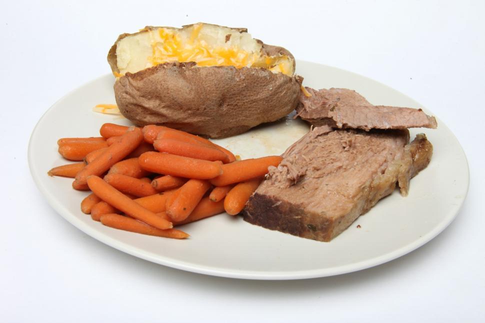 Free Image of Pot Roast, Carrots and Baked Potato 