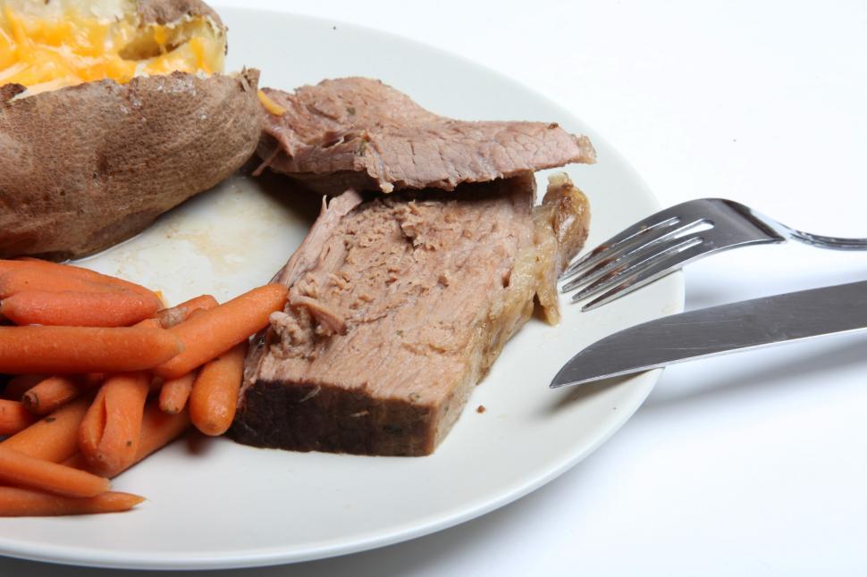 Free Image of Pot Roast, Carrots and Baked Potato 