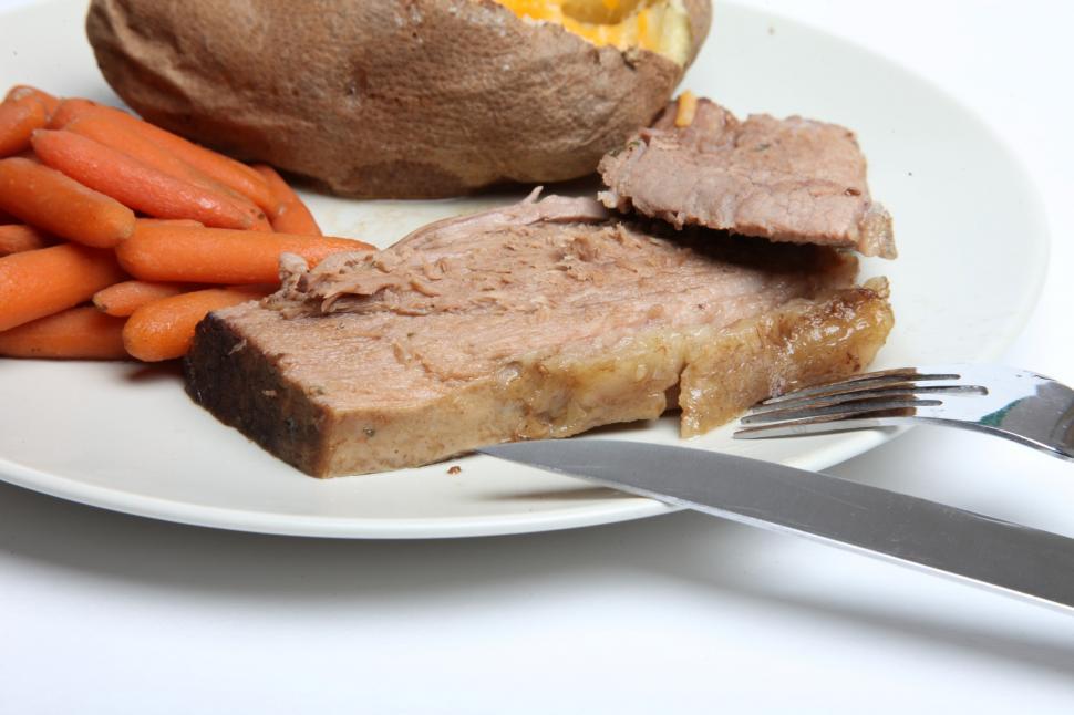 Free Image of Pot Roast, Carrots and Baked Potato 