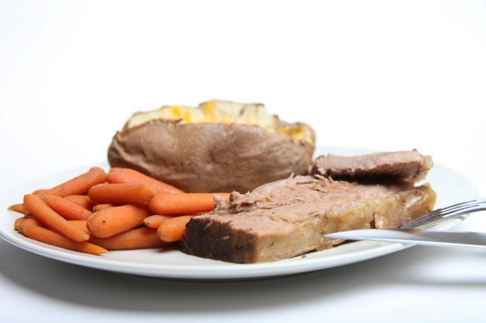 Free Image of Pot Roast, Carrots and Baked Potato 