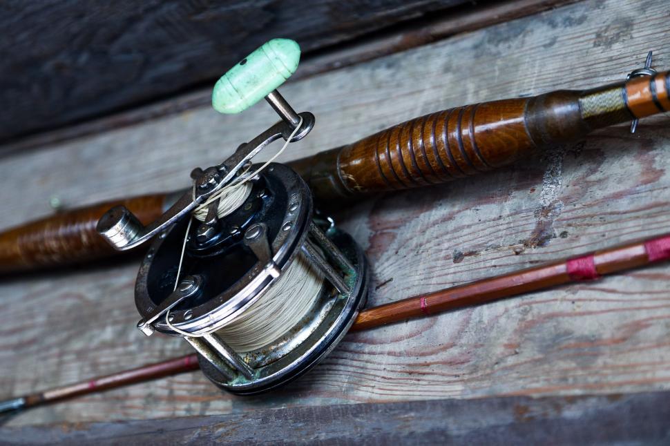 Vintage fishing rod and reel Stock Photo