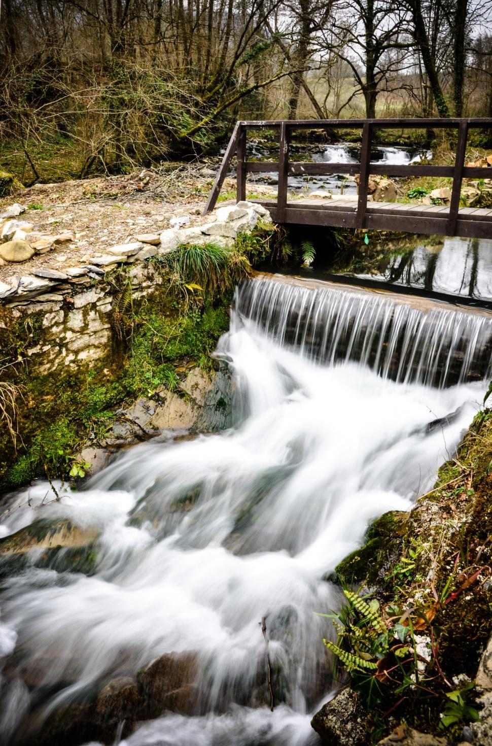 Free Image of Tropical waterfall and bridge 