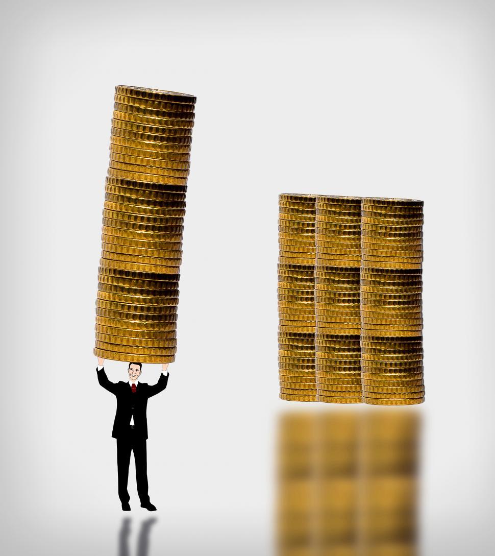 Businessman carrying a gold coin stack - Accumulation of capital