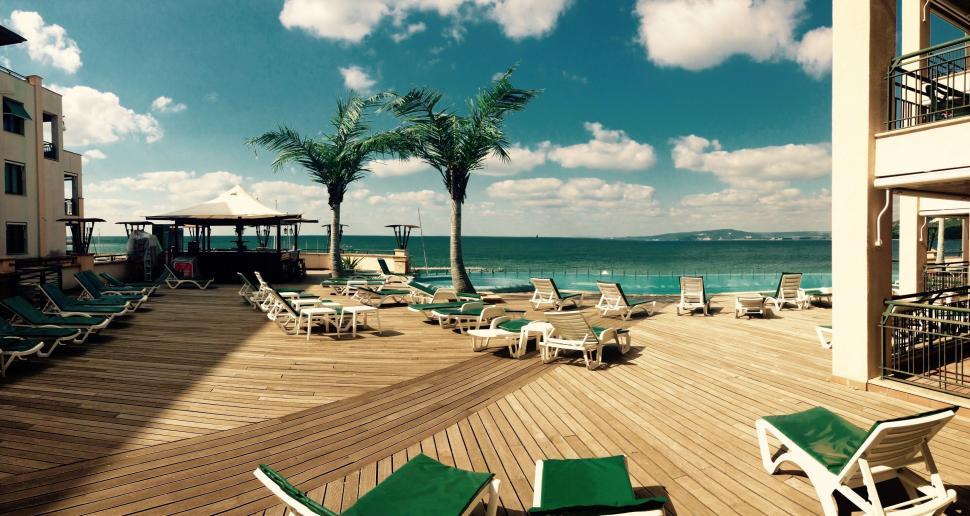 Free Image of Wooden Deck With Lawn Chairs and Palm Trees 
