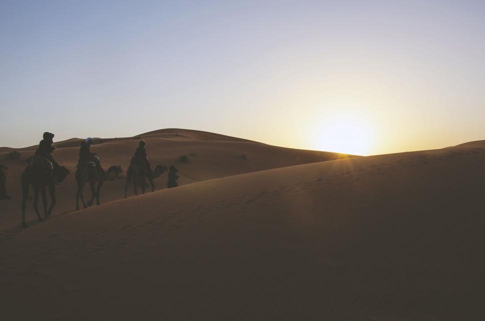 Free Image of Group of People Riding Camels Across Desert 