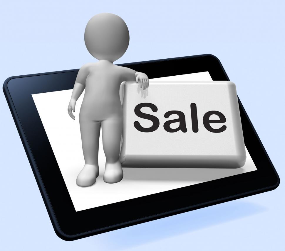 Free Image of Sales Button With Character Tablet Shows Promotions And Deals 