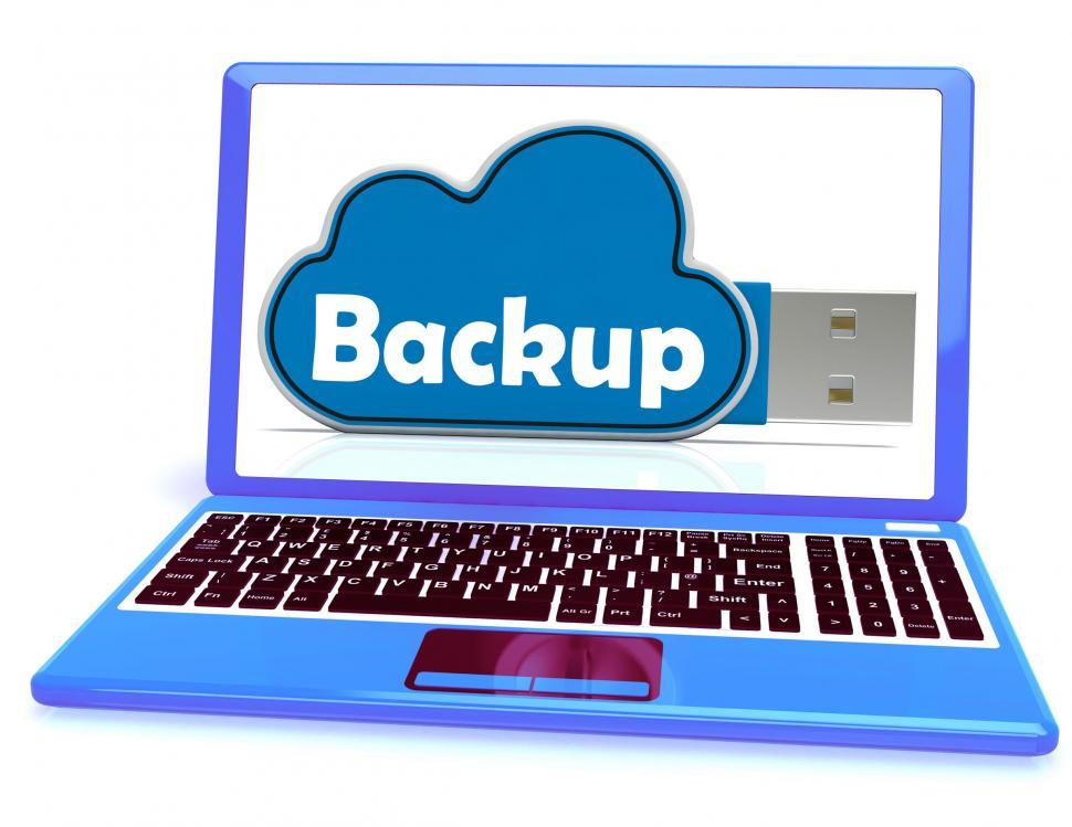 Free Stock Photo of Backup Memory Stick Laptop Shows Files And Cloud