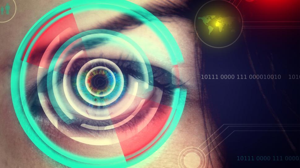 Human eye being scanned on virtual screen - Biometrics concept