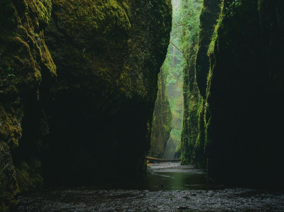 Free Image of A Narrow River Flanked by Mossy Rocks 