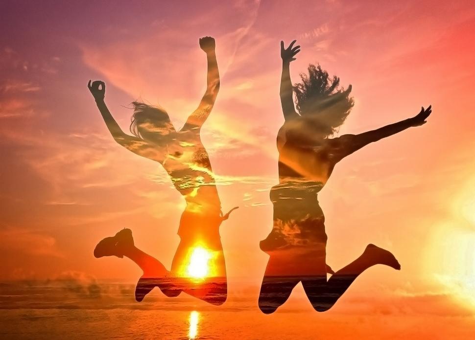 Two Girls Cheering on the Beach - Double Exposure Effect