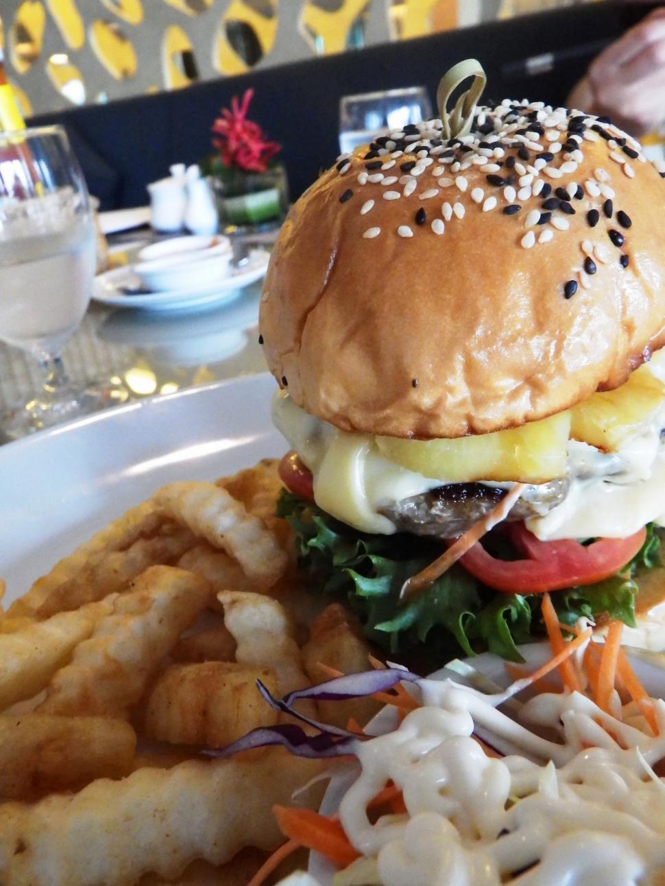 Free Image of Cheese Burger on Sesame Seed Bun and fries 