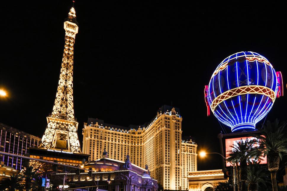 Eiffel Tower In Las Vegas At Night Stock Photo, Picture and