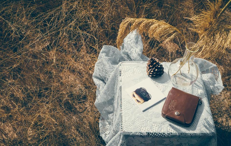 Free Image of Table With Wallet and Pine Cone 