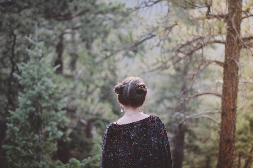 Free Image of Woman Standing in Forest, Looking at Trees 
