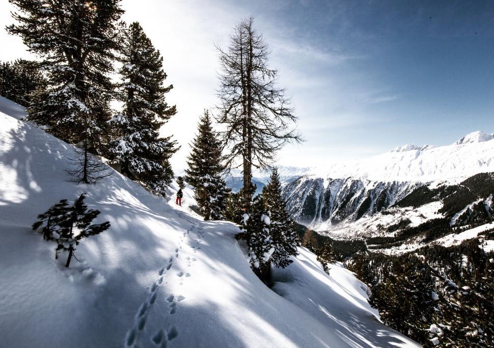 Free Image of Person Riding Snowboard Down Snow Covered Slope 