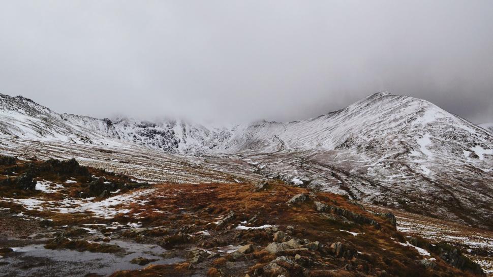 Free Image of Snow-Covered Mountain Under Cloudy Sky 