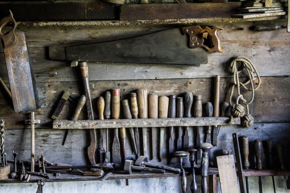 Free Image of Assorted Tools Organized on a Shelf 