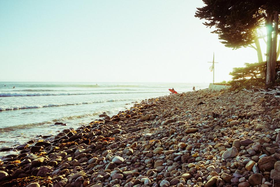 Free Image of A View of a Rocky Beach With Trees and People in the Water 