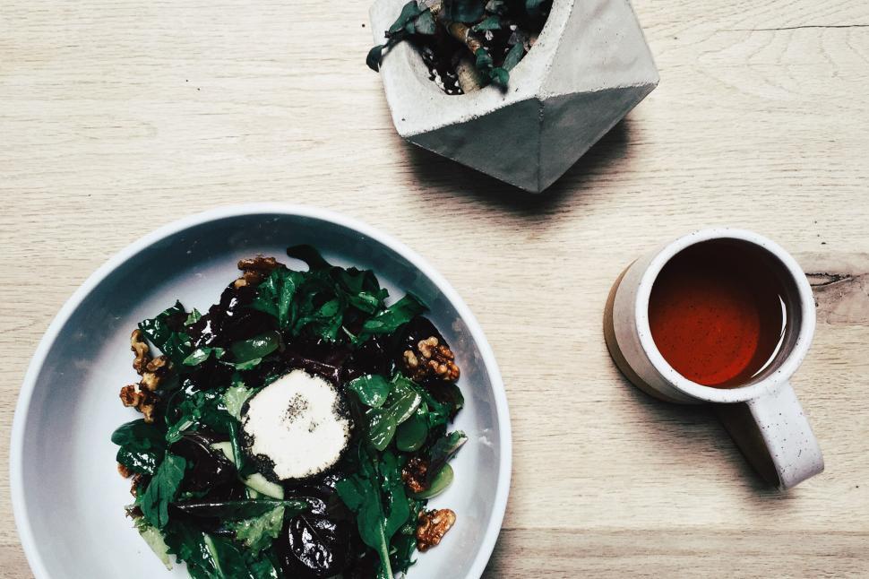 Free Image of White Plate With Salad and Cup of Tea 