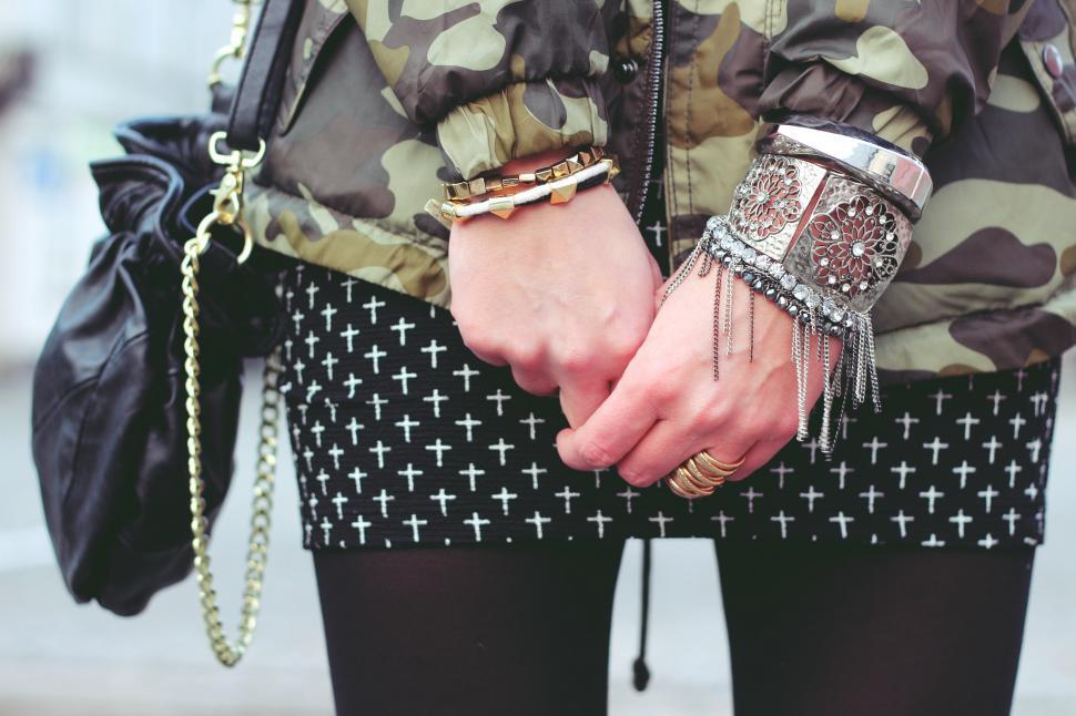 Free Image of Woman in Camouflage Jacket Holding Black Purse 