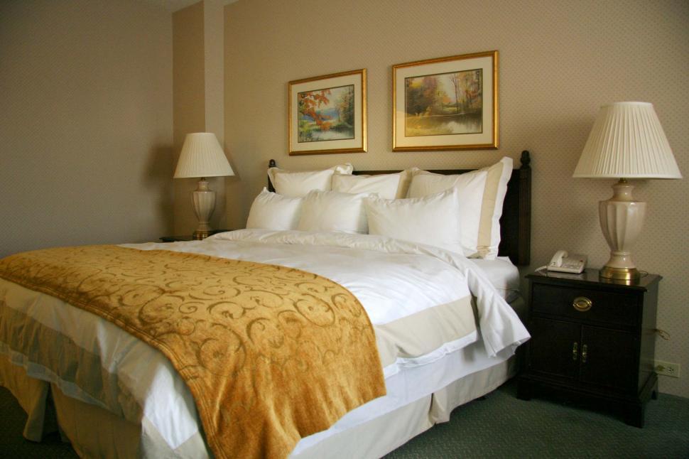 Free Stock Photo of hotel motel room king bed bedding sheets blankets
