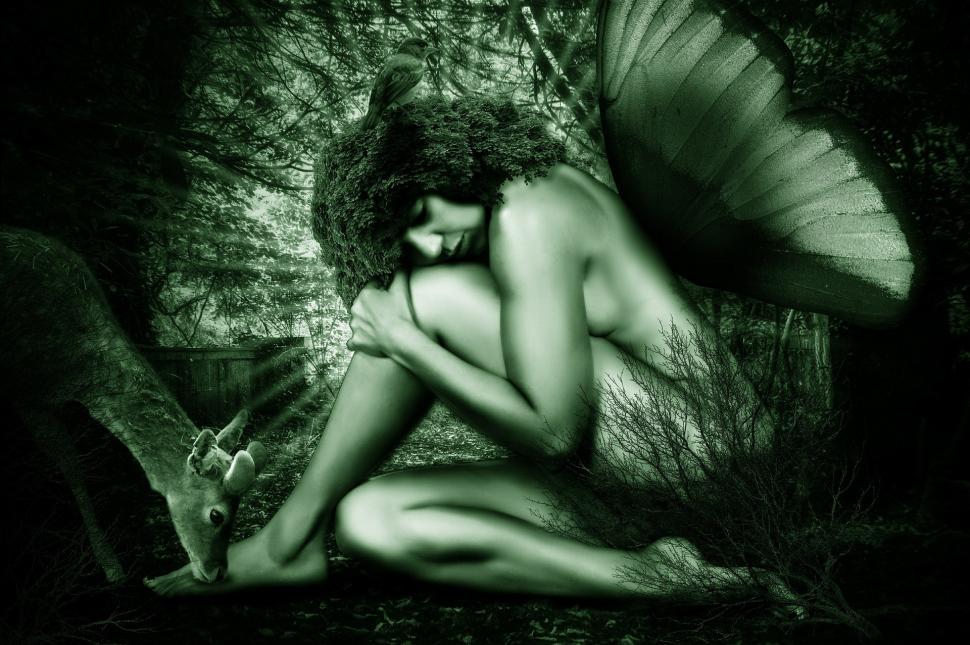 Free Image of Woman Sitting in Grass With Butterfly on Her Back 