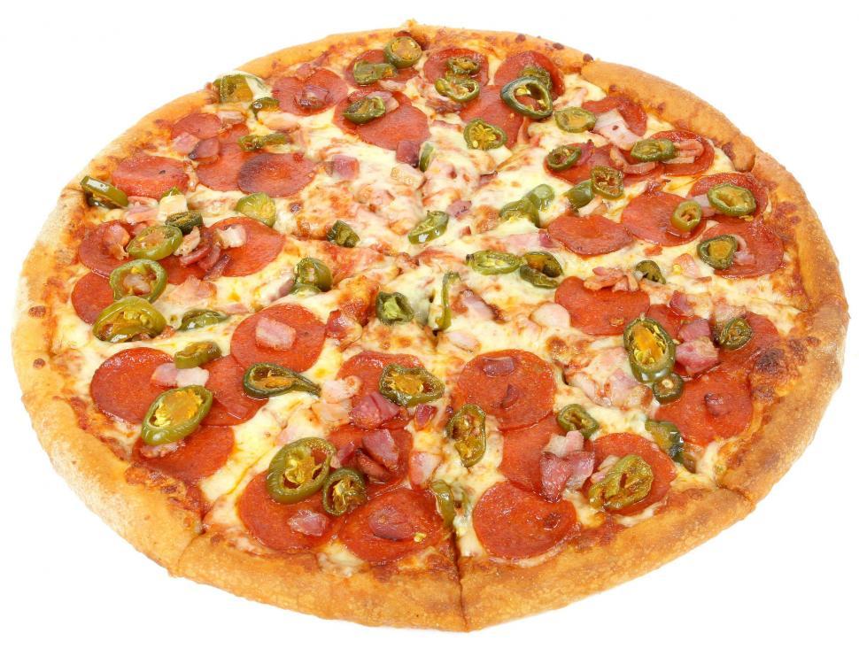 Free Image of Pepperoni and Jalapeno Pizza on White Background 