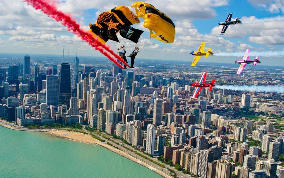 Free Image of Group of Airplanes Flying Over City 