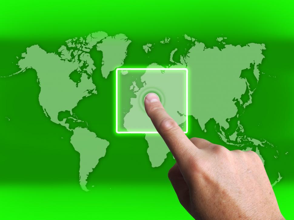 Free Image of Hand Touch Touchscreen On World Map Shows Internet WWW 