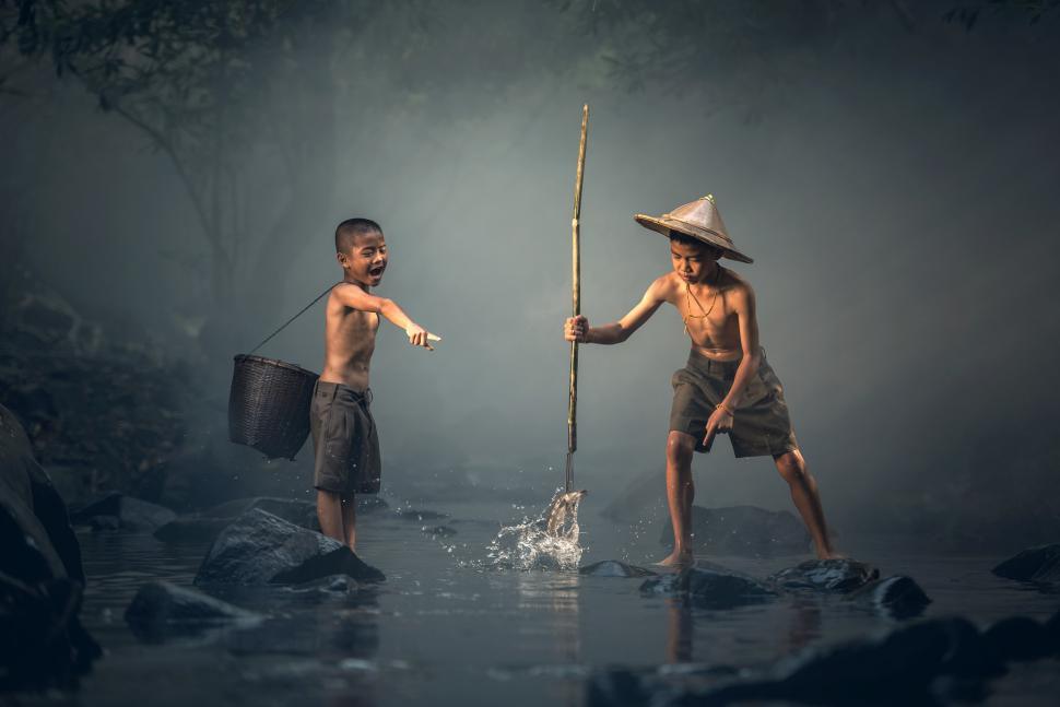 Free Stock Photo of Two Kids Fishing in the Pond