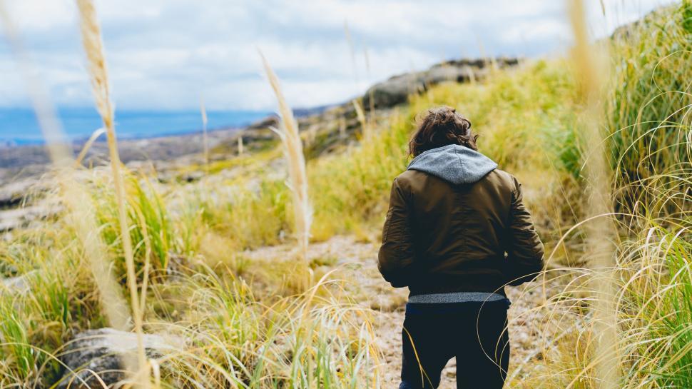 Free Image of Man Walking Up a Hill With Tall Grass 