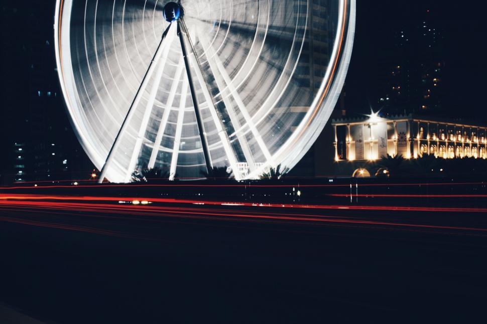 Free Stock Photo Of Ferris Wheel At Night With Building In Background 