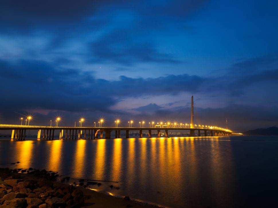 Free Stock Photo of Long Bridge Over Water at Night | Download Free ...