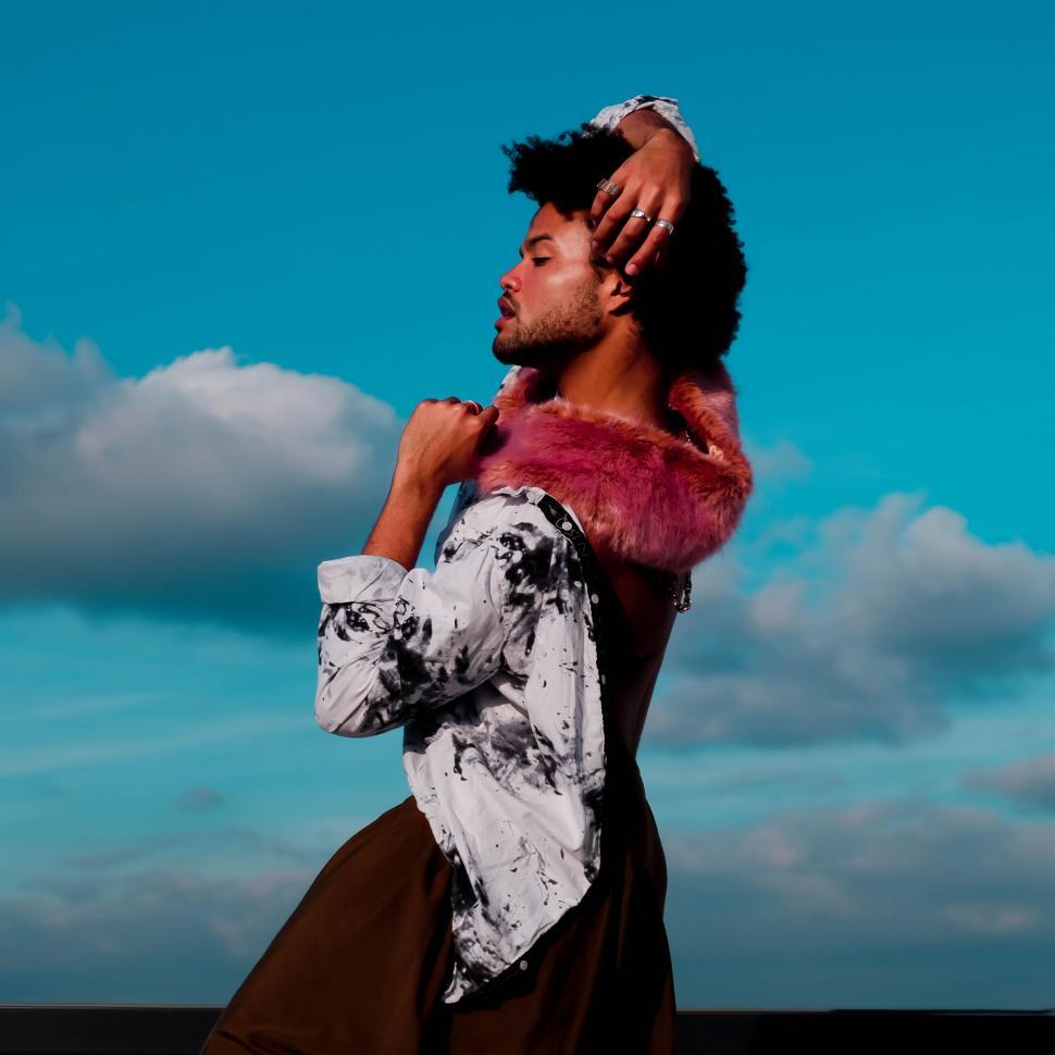 Free Image of Man With Fur Collar Standing in Front of Blue Sky 