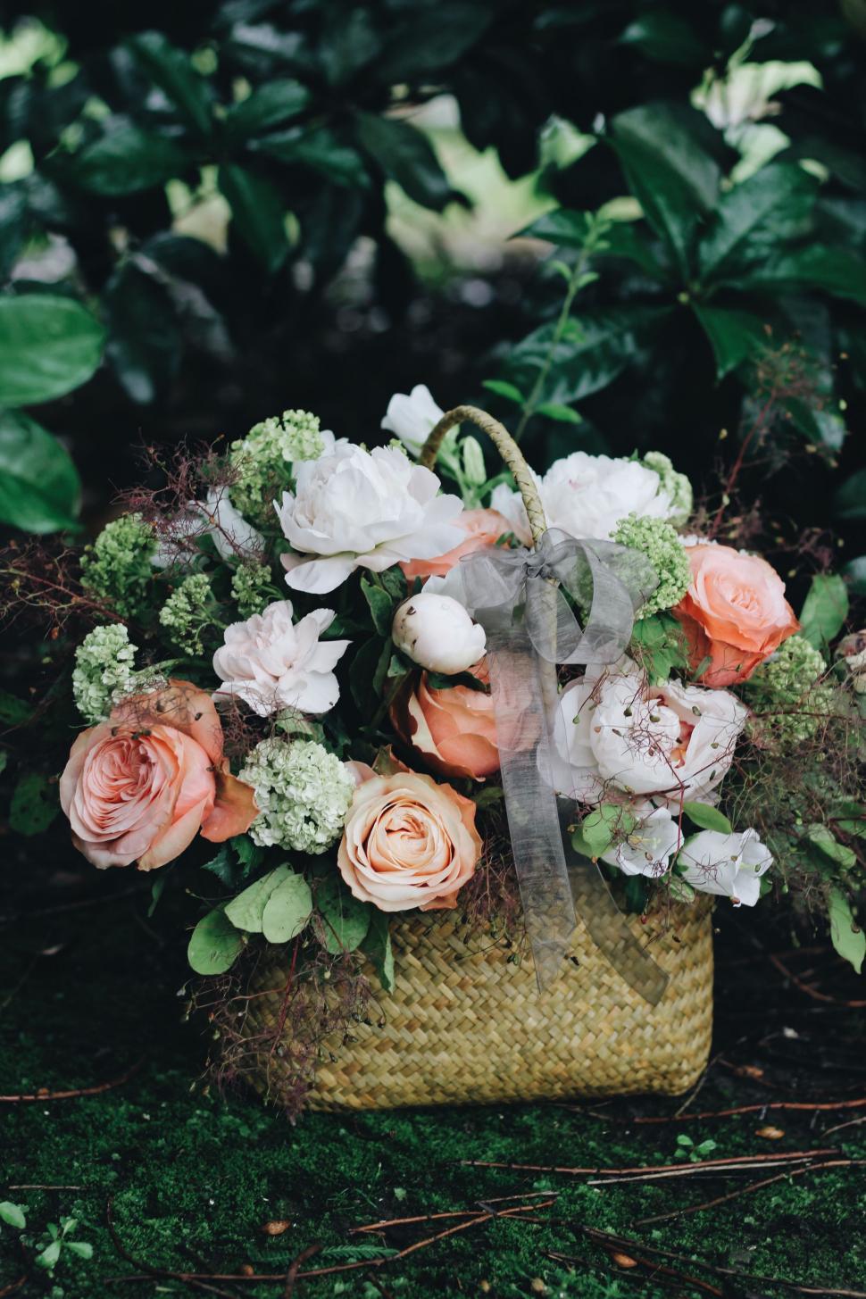Free Image of Basket Filled With Flowers on Lush Green Field 