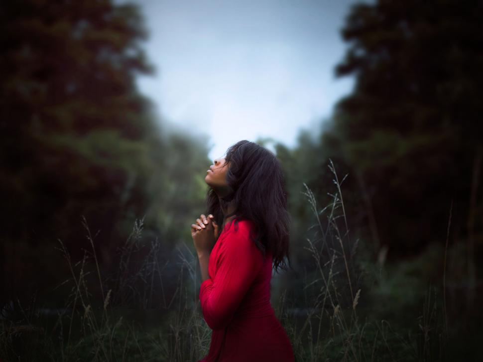 Free Image of Woman in Red Dress Standing in Field 