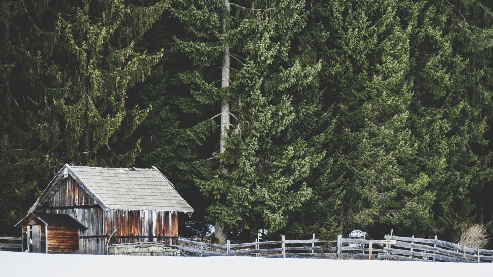Free Image of Barn Standing in Snowy Field 