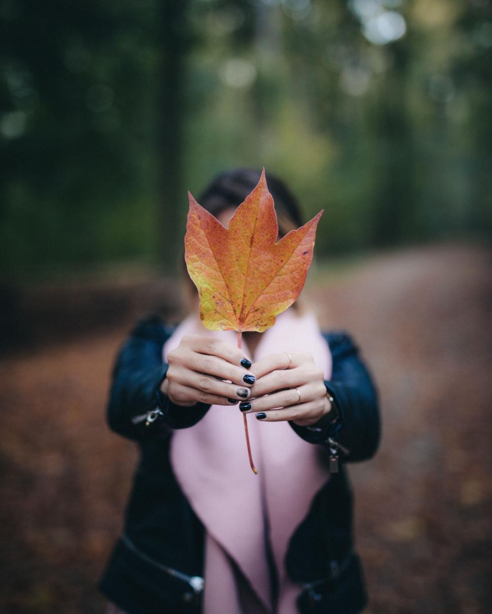 Free Image of Woman Holding Leaf in Front of Face 