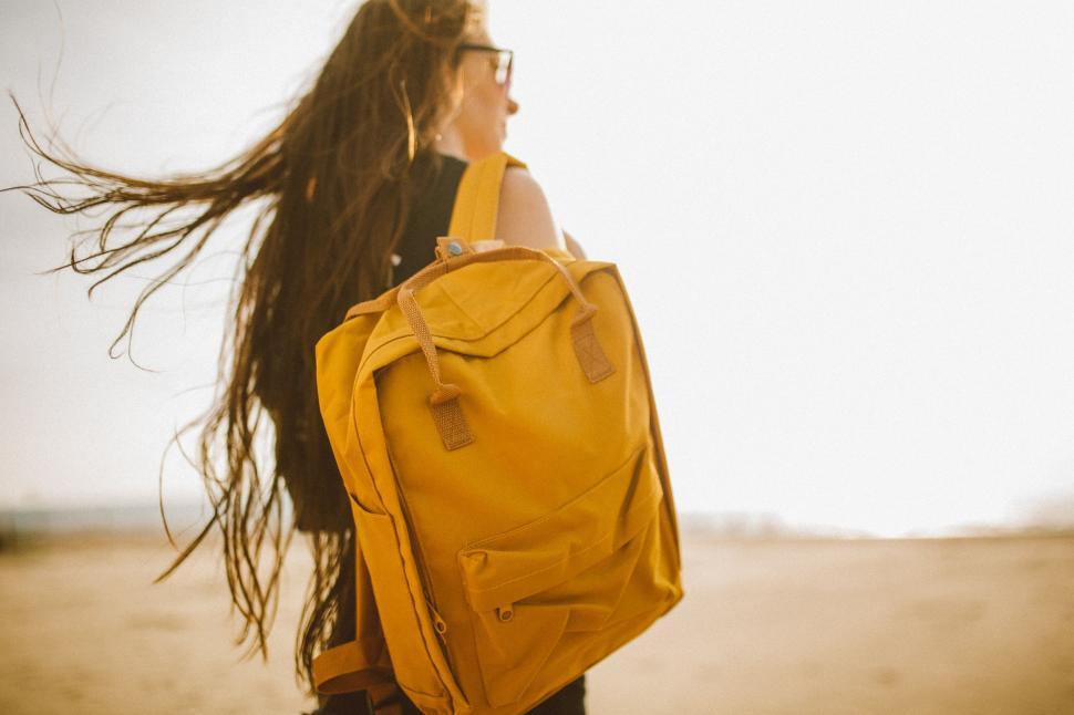 Free Image of Woman Carrying Yellow Backpack in Desert 