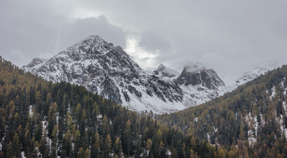 Free Image of Snow-Covered Mountain and Trees Under Cloudy Sky 