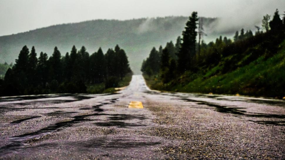 Free Image of Wet Road With Trees and Mountains 