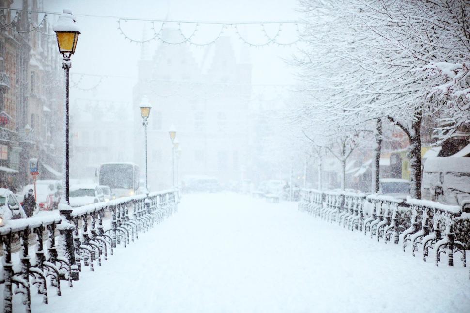 Free Image of Row of Snow-Covered Benches Next to Street Light 