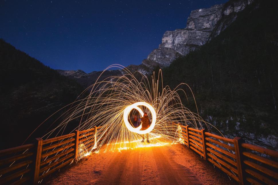 Free Image of Person Standing on Bridge With Circle of Fire 