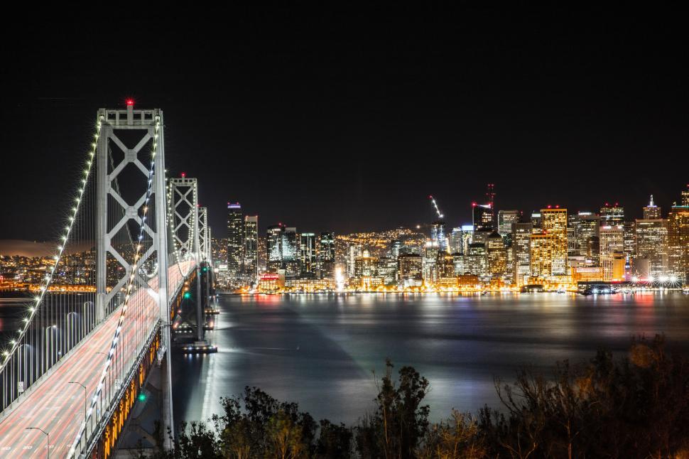 Free Image of Night View of City and Bridge 