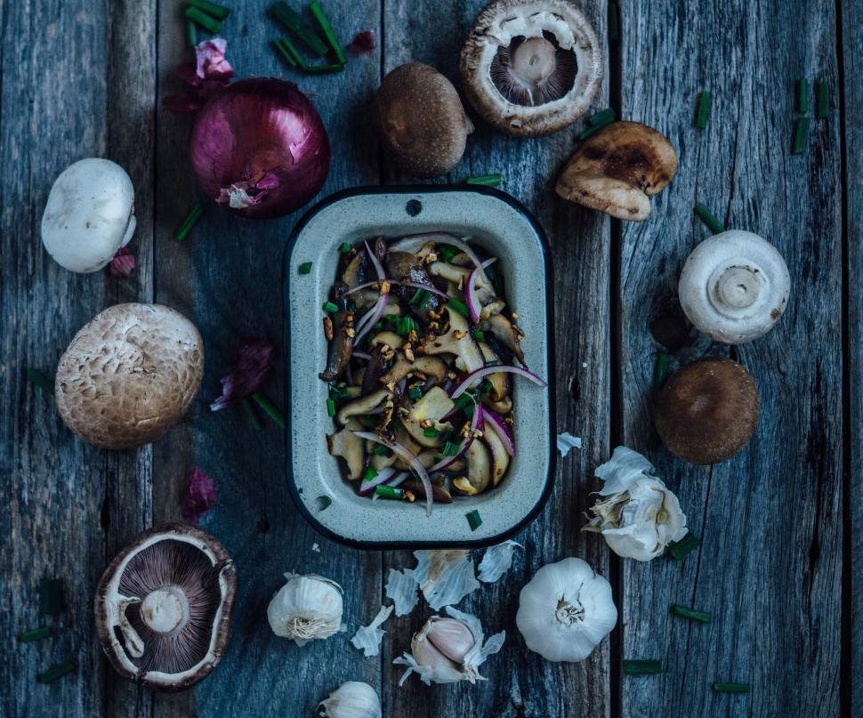 Free Image of Plate of Food With Mushrooms on Wooden Table 