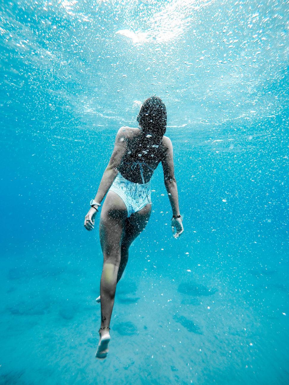 Free Image of Woman in Bikini Swimming Underwater 