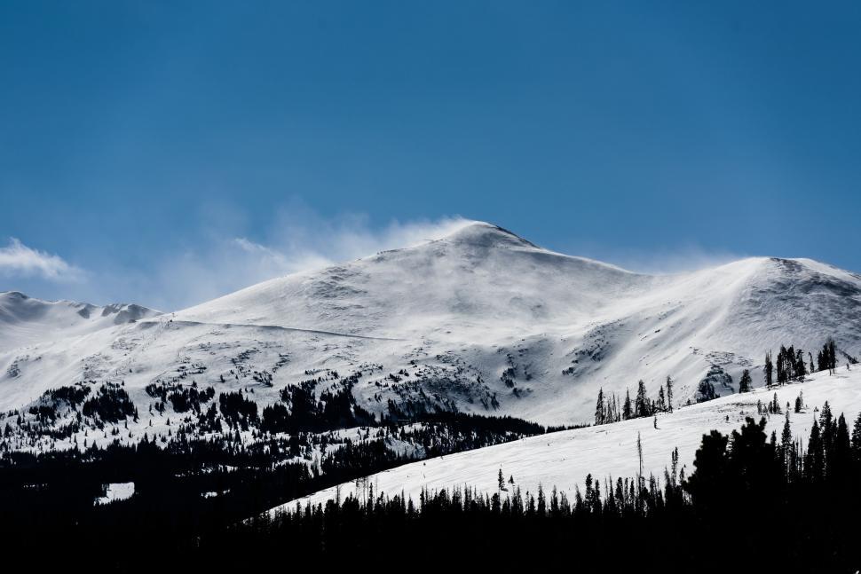 Free Image of Snow-Covered Mountain With Foreground Trees 
