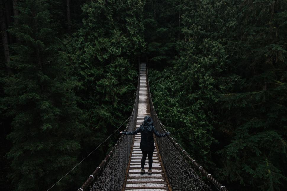 Free Image of Person Walking Across Suspension Bridge in the Woods 