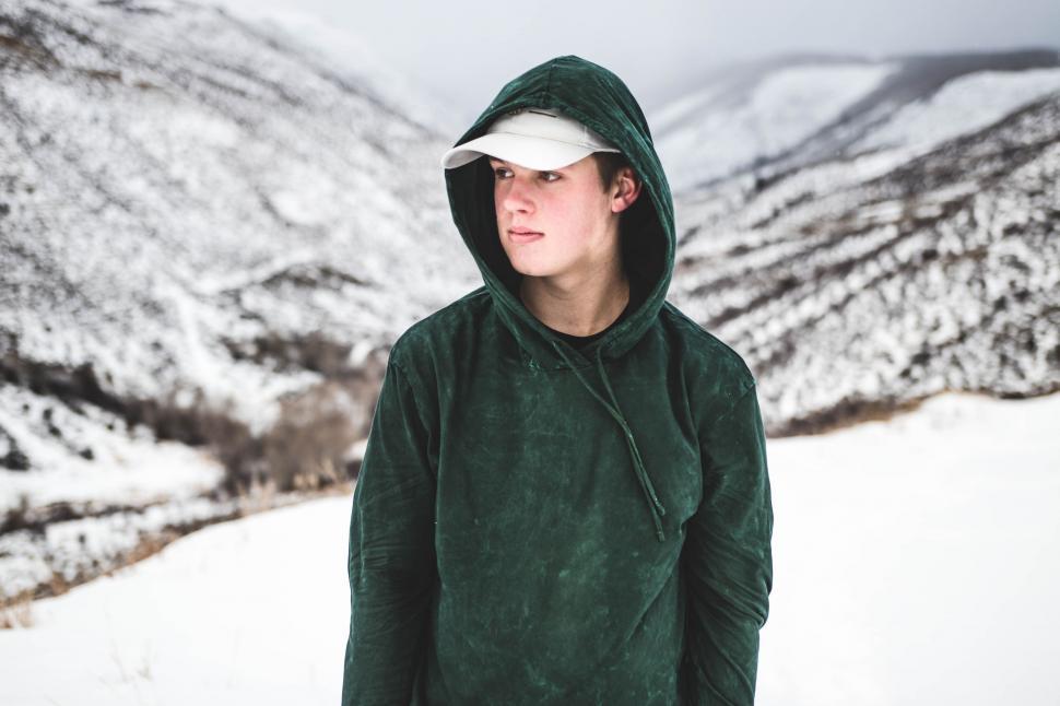 Free Image of Man in Green Hoodie Standing in Snow 