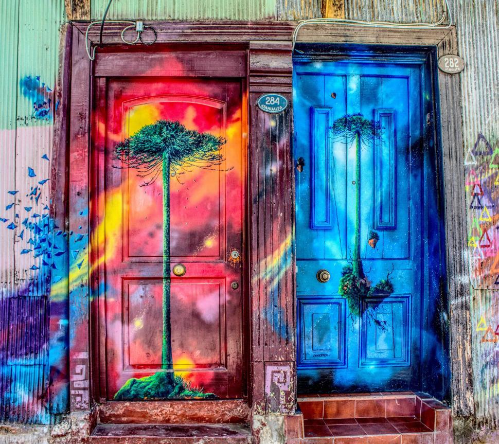 Free Image of Painted Door With Palm Tree 